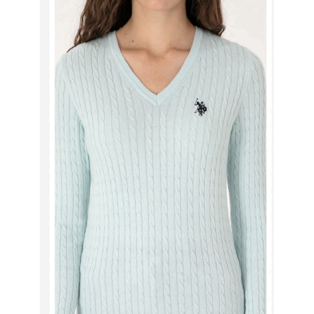 Us Polo Assn womens Blue Cable Knit Sweater L logo preppy old money Collegiate